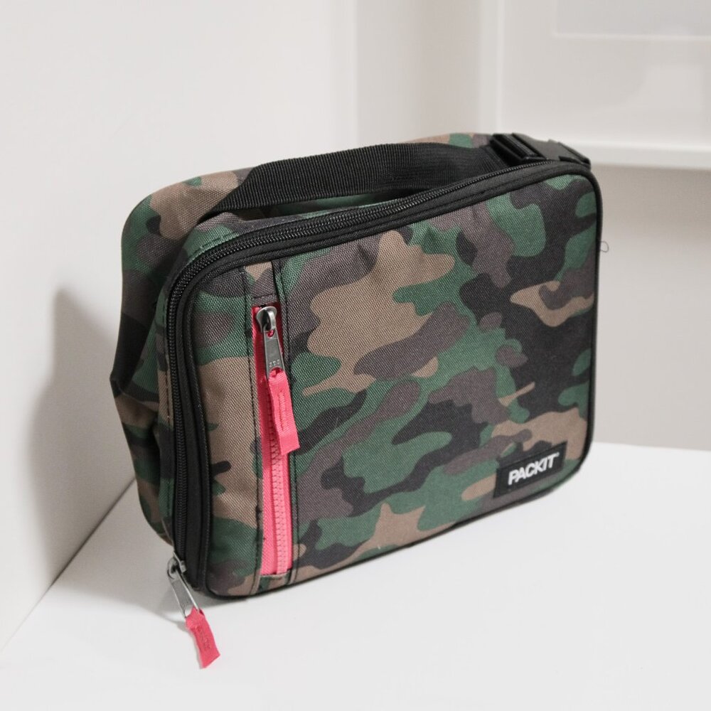 PACKIT Freezable Classic Lunch Box, Camo + Hot Pink EcoFreeze Technology